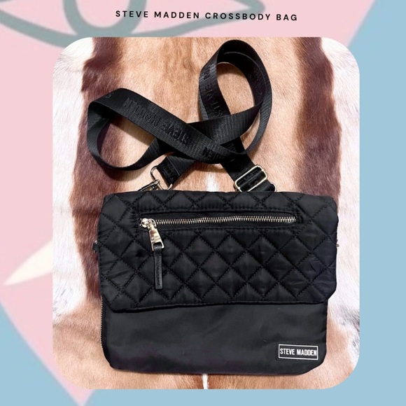 Steve Madden black quilted cross body bag with zippers & inside pockets - Picture 1 of 17